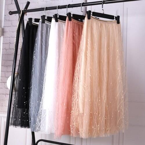 Elastic High Waist Women Tulle Skirt Fashion Spring Summer Ladies Mesh Lining Pleated Long Skirt Elegant A Line Girls Skirts