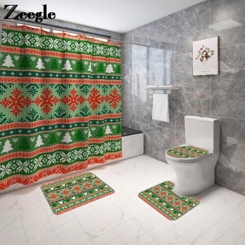Geometric Flannel Bath Mat with Polyester Waterproof Shower Curtain Bathroom Toilet Bath Rug Christmas Bathroom Carpet Rug Set