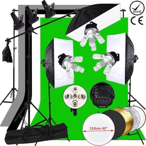 ZUOCHEN 3375W Photo Studio Continuous Lighting kit 5 Light Socket 50*70CM Softbox Cantilever 4 Backdrop 110cm 5in1 Reflector