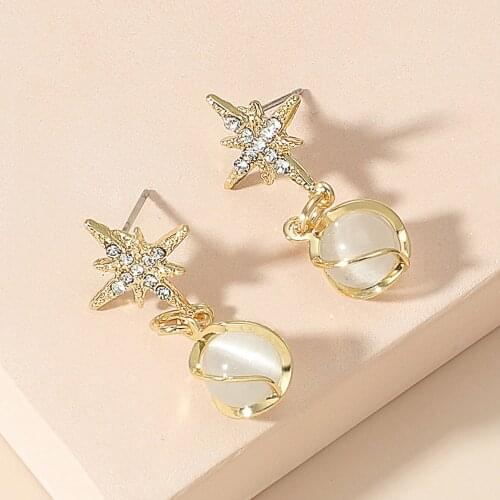 Korean Crystal Star Stud Earrings Cats Eye Stone Pendant Earrings For Women Earing Jewelry Earings Earring Kolczyki S210