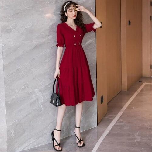 Red little dress Fashion Women Short Sleeve dress casual high waist Midi Dress Ladies Banquet party Dress dress summer 2020