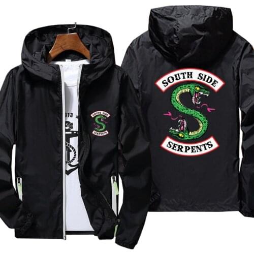 Riverdale South Side Serpents Mens Zipper Thin Windbreaker Bomber Hooded Jacket Male Hip Hop Pilot Skin Coat Sports Oversized