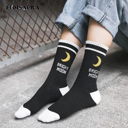 Moon Creative Cotton Korean English Letter Art Socks Women Personality Skateboard Hip Hop Funny Socks Calcetines Mujer