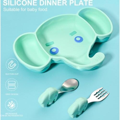 3Pcs/Set 5 Colors Creative Baby Tableware Cartoon Elephant Division Design Silicone Children Plate Spoon Fork Set for Toddle