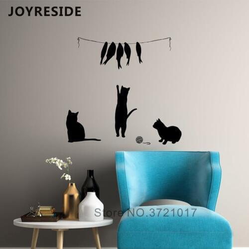 Cats Wall Stickers Animal Wall Decal Fish Cat Cute Pattern Hone Children Rooms Decoration Vinyl Design Wall Mural Decals M349