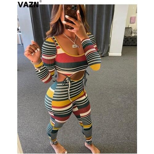 VAZN 2020 New Hollow out Sexy Club Striped Novelty Cross Bandage Young Full Sleeve Group Long Pants Slim Women 2 Piece Set