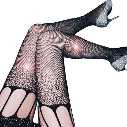 New Sexy Rhinestone Tights Black Stockings Mesh Female Pantyhose In A Grid Women Bling Tights Slim Party Club Hosiery Stockings