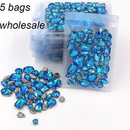 Wholesale 5 bags mixed shape Lake blue AB rhinestones glass crystal silver base sew on rhinestones for wedding dress