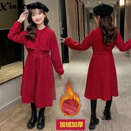 6-16 Years Girls Winter Dress Children Red Plush Long Sleeve Dress Girl Full Princess Party Dresses Kids Fall Clothes 6 8 10 12
