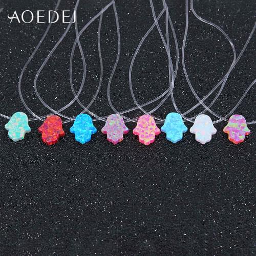 AOEDEJ Hamsa Hand Necklace Women Fatima Blue Fire Opal Pendants Transparent Nylon Stainless Steel Chain