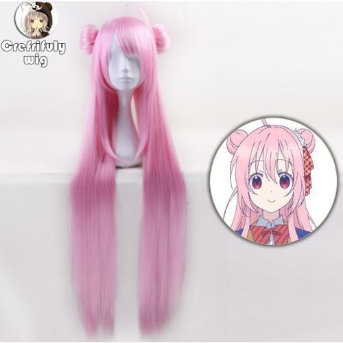 100cm Anime Happy Sugar Life Matsuzaka Satou Straight Long Pink Wig With Buns Heat Resistant Synthetic Hair Perucas Cosplay Wig