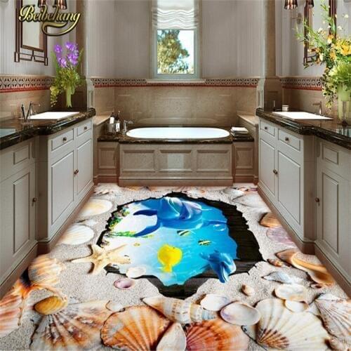 Beibehang Custom Beach shells floor tiles Wall paper Bathroom 3D Mural PVC Self-adhesive Wallpaper For Living Room Wall Decor