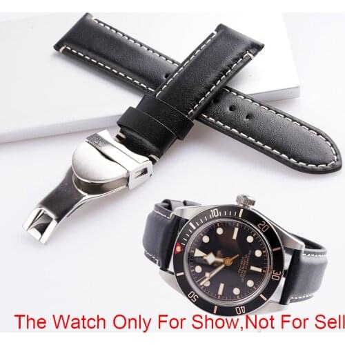 Rolamy 20 22mm Black Genuine Leather Replacement Wrist Watchband Strap Belt Loops Bracelets For Tudor Black Bay 58 Seiko SKX