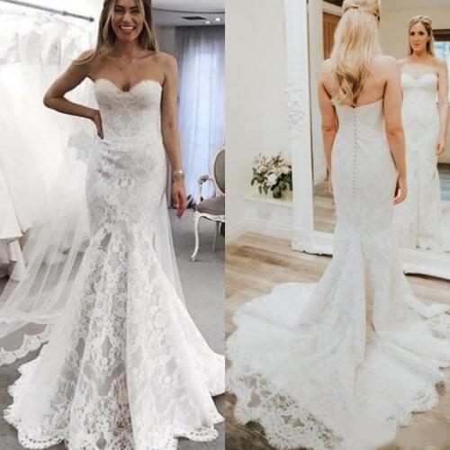 Sexy Mermaid Wedding Dresses Lace 2020 Sweetheart Backless Buttons Boho Garden Bridal Gowns Sweep Train Plus Size Vestidos