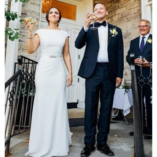 Crepe Sheath Modest Wedding Dresses with Cap Sleeve Low V Back Simple Country Boho Modest Bridal Gown with Crystals