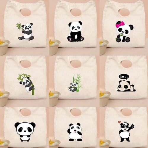Funny Panda Bamboo Printing Eco Lunch Bags Portable Large Capacity Bags for Picnic Harajuku Canvas Casual Outdoor Thermal Bag