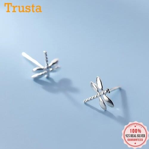TrustDavis Real 925 Sterling Silver Fashion Cute Tiny Insect Dragonfly Stud Earrings for Women Wedding Birthday Present DS181