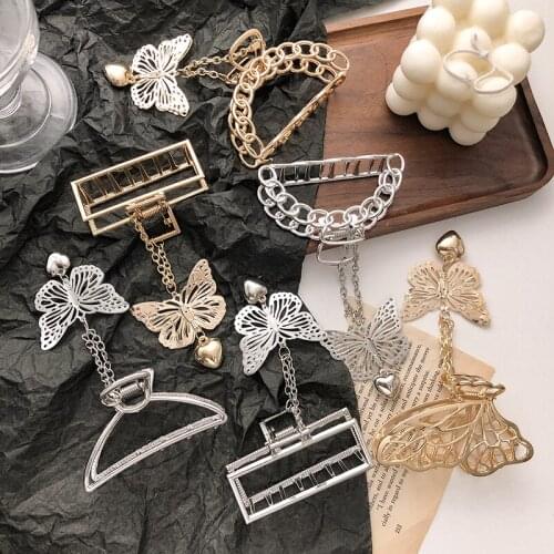 Korean Hollow Women Girls Hair Claw Butterfly Heart Pendant Tassel Hairpins Vintage Metal Crab Clips Party Accessories Jewelry