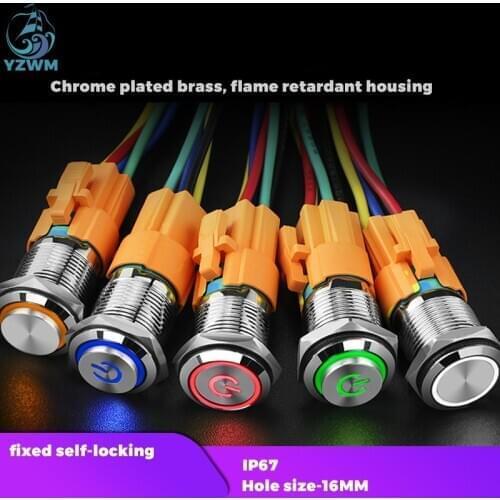 YZWM 16mm Metal Button Switch Self Reset LED Lamp Ring with Power Symbol Round 5V12v24v220v High Current 10A Start Stop