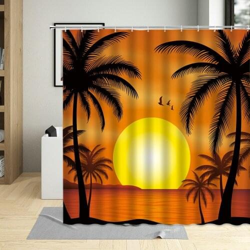 Sunset Nature Scenery Themed Waterproof Bathroom Decor Seaside Coconut Tree Landscape Bath Screens Shower Curtain With Hooks