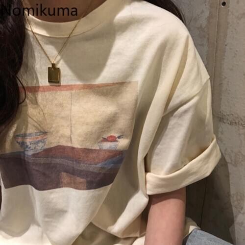 Nomikuma O Neck Short Sleeve Tops Women Printed Casual Loose Tshirts 2020 Summer New Graphic T Shirts Female Korean Style 3a274