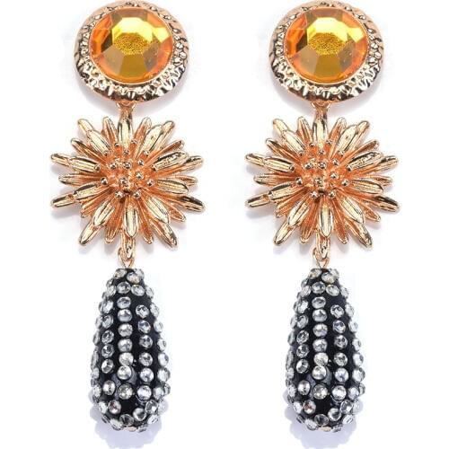 2019 New Statement ZA Long Earrings Women Inlay Rhinestone Water Drop Dangle Earring Femme Metal Flower Vintage Earrings Jewelry