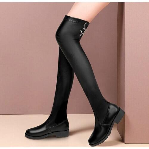 Spring Autumn Elastic Leather Suede Knee High Boots Women Fashion Round Toes Heel Woman Leather Shoes Winter PU Large Size 43