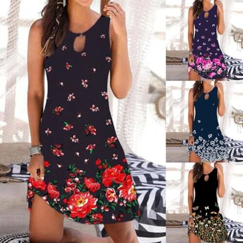 Womens Fashion Casual Sleeveless Vest Print Maxi Tank Knee-length Dress Boho Sexy Dresses For Women Party Sundress Robe