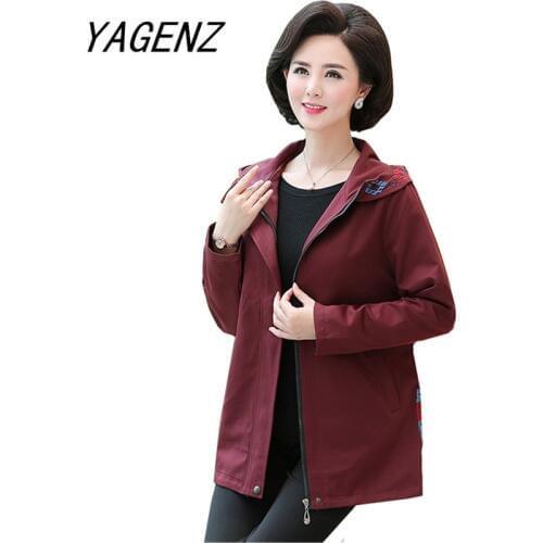 Large size Women hooded Trench coat spring and autumn long sleeve slim overcoat Middle-aged female windbreaker Casual top 5XL