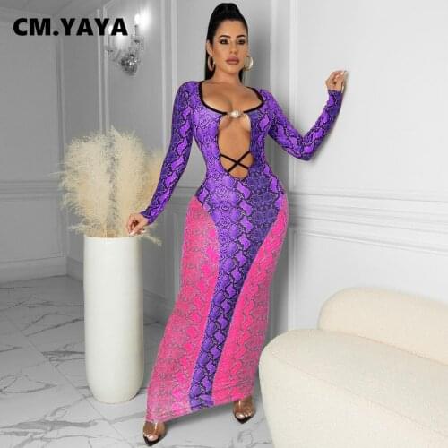 CM.YAYA Women Long Dress Print Hollow Out Stretchy Maxi O-neck Vestidos Ladies Full Sleeve Sexy Party Dresses Stylish Autumn