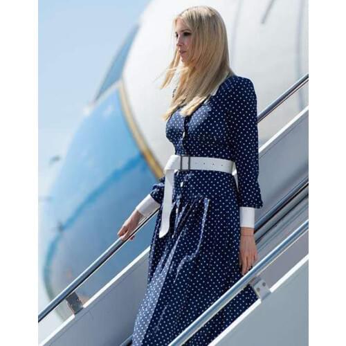 New Ivanka Trump Polka Dot long dress elegant Turn-down Collar long sleeve pleated dresses