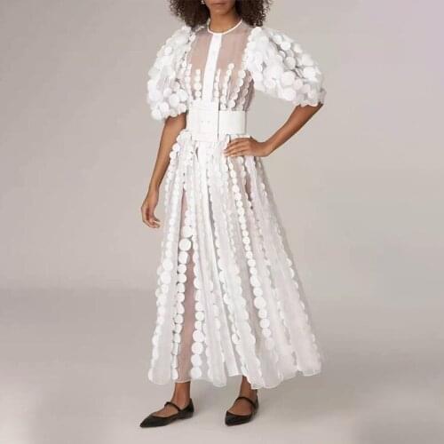 Summer New Fashion Elegant Bubble Sleeve Round Neck Lace Stitching Lace Up Waist Long Dress White Petal Print Luxurious Dress