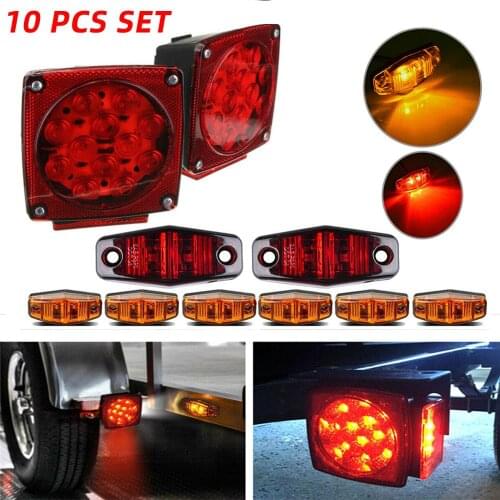 1Pair 12V Red LED Submersible Square Trailer Truck Tail Lights with 6 Pcs Amber side marker Light & 2Pcs Red side marker Light