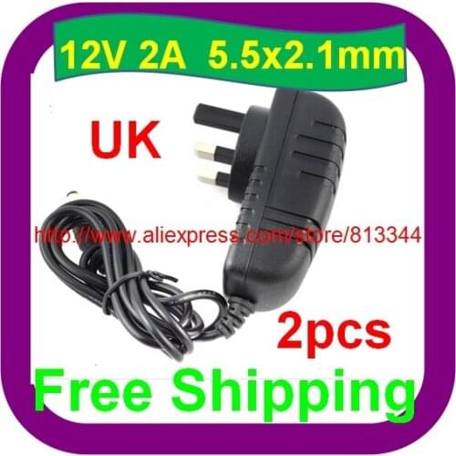 2 pcs/LOT Free Shipping UK 3 Pin AC 100V-240V Adapter DC 12V 2A LED Light Power Supply Charger