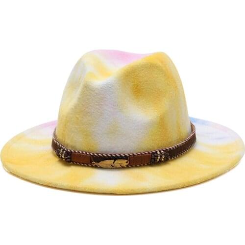 2021 Colorful fedora hats for women fashion Flat wide Brim Wool Felt Jazz Fedora Hat for men Takahashi belt Panama wedding Hat