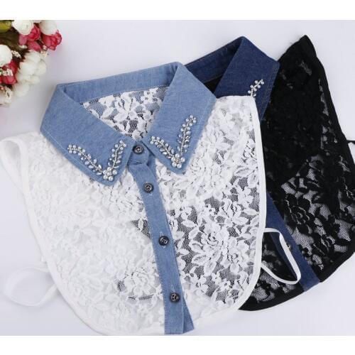 2021 Women Patchwork Denim Crystal Hollow Out Lace Flower Shirt Fake Collar Rhinestone Lapel False Detachable Collar Blouse Tops