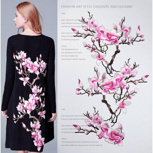 Magnolia flower Embroidery Fabric Large Applique Patch African Lace Sew Dress Cloth Decorate Accessory
