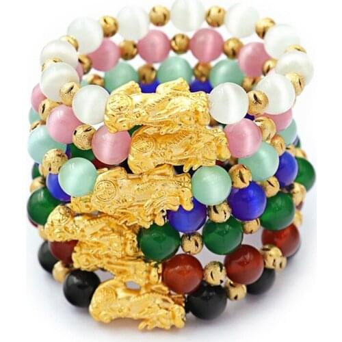 Feng Shui Natural Crystal Colorful Stone Beaded Pixiu Bracelets Couples Charm Lucky Wealth Bracelet Energy Elastic Rope Jewelry