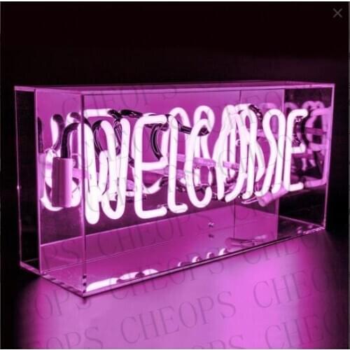 Welcome Purple Neon Signs Real Glass Tube Acrylic Box Gift Beer Bar Pub Bedroom Wall Homeroom Girlsroom Party Decor Lamp 14"x5"