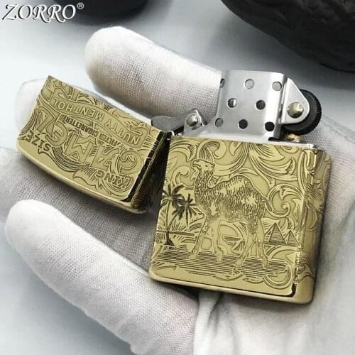 Zorro Kerosene Lighter Pure Copper Brass Carving Classic Camel Bear Pattern Gasoline Lighter Men Business Gift Outside Tool