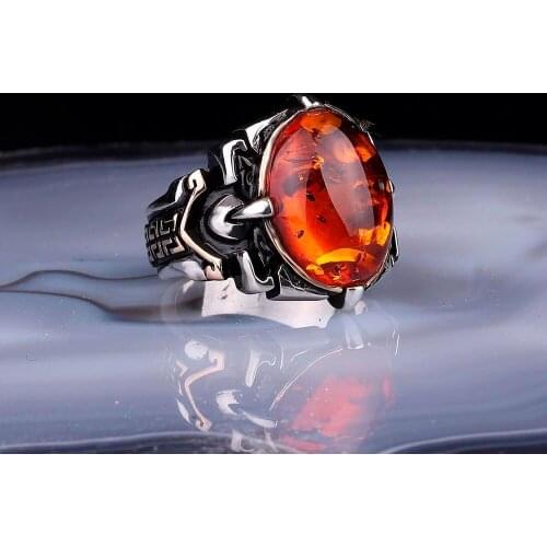 Sterling Silver Ring 925 Real Pure For Mens Vintage With Stone Original Gemstone Polish Amber And Agate Stone Handmade