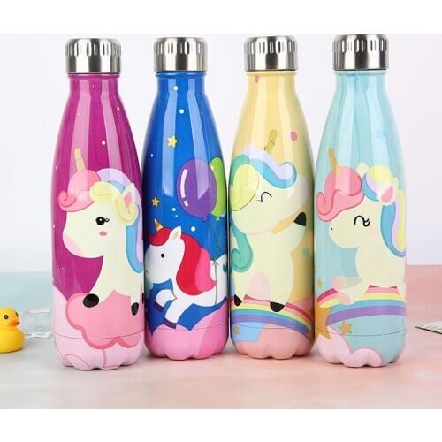 Logo Custom Cartoon Thermos Cute Unicorn Water Bottle Stainless Steel Keep Cold Cola Sport Drinking Bottle Candy Color Mug Gift