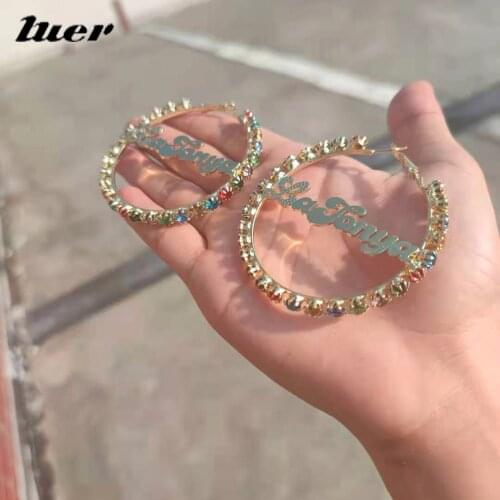 LUER New Custom Name Hoop Earrings/Stainless Steel Colorful Zircon Earring Hip-hop Style Personalized Gift Jewelry for womem