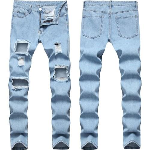 2021 High Quality Men’s Slim-fit Hole Jeans,Classic Ripped Blue Jeans,Hard-washed&Distressed Casual Jeans,Youth Cool Must