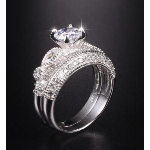 Luxury Dragon Four claws 2ct Diamond Ring Set 2-in-1 Vintage Solid 925 silver Engagement Wedding Rings for Women Jewelry gift