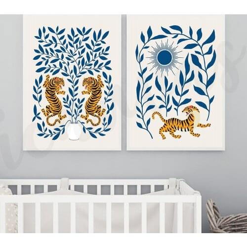 Tiger In The Jungle Style Print Leaves Wall Art Poster Beige Gallery Canvas Paintings Minimalist Wall Pictures Home Decor