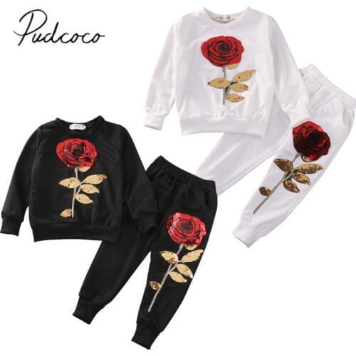2018 Brand New Toddler Infant Kids 2PCS Girls Sequins Rose Outfits Clothes T Shirt+Long Pants Set Tracksuit Casual Set 2-7Y