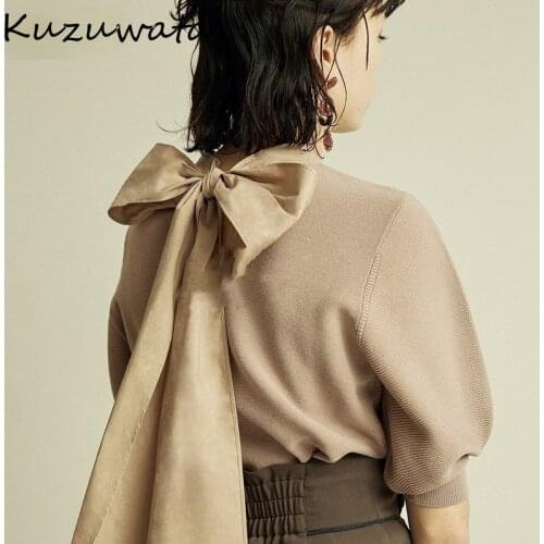 Neploe O Neck Lace Up Bow Design Solid Knit Sweater Women Work Style Ol Loose Solid Pull Femme Summer 2021 New All Match Sueter