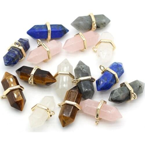 Natural Rose Quartz lapis lazuli Tiger Eye Stone Pendant Exquisite Durable Bicuspidate Charm for Jewelry Making Necklace 17x35mm