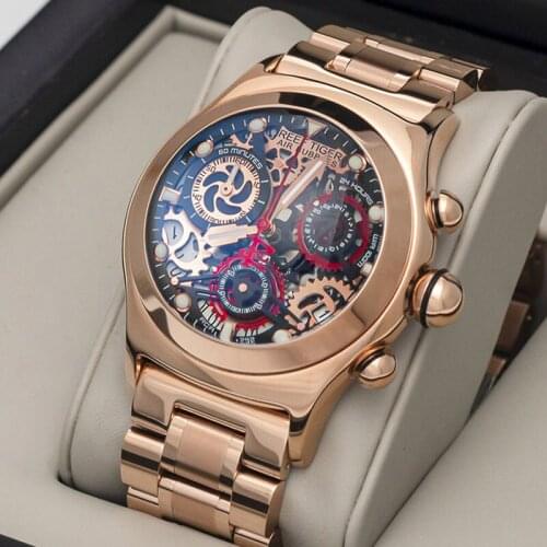 Reef Tiger/RT Men Chronograph Sport Watches Skeleton Dial With Date Business Bracelet Quartz Watch Relogio Masculino